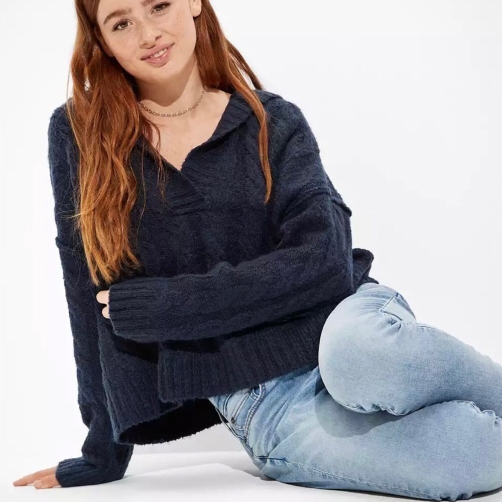AEO V-Neck Cable Knit Blue Hoodie Sweater M